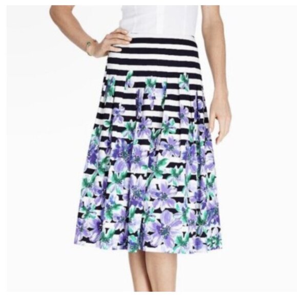 Talbots Women's Navy Striped Purple Floral Midi A-Line Pleated Skirt Size 10 - Picture 1 of 7